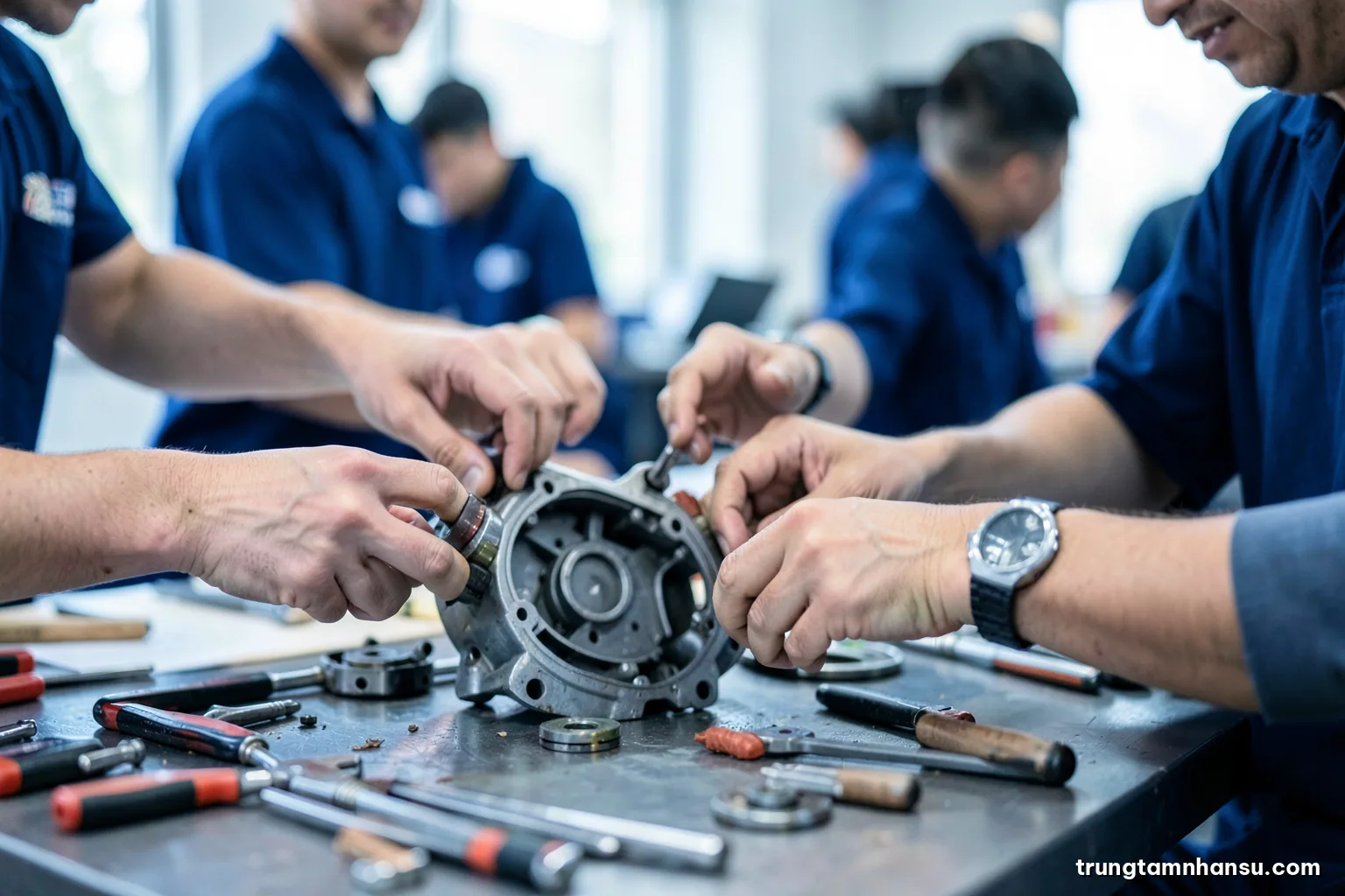 Macro shot of hands of several technicians examining a disassembled machine part on a workbench, tools neatly laid out, cool industrial light, shallow depth of field, steel blue palette, faces out of frame