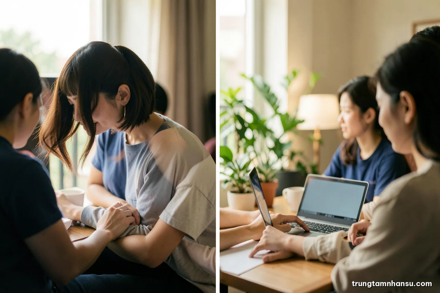 Split scene of a Vietnamese woman working at a home desk by a balcony with plants, laptop screen blank, warm afternoon light, shallow depth of field, side profile, soft green and cream palette