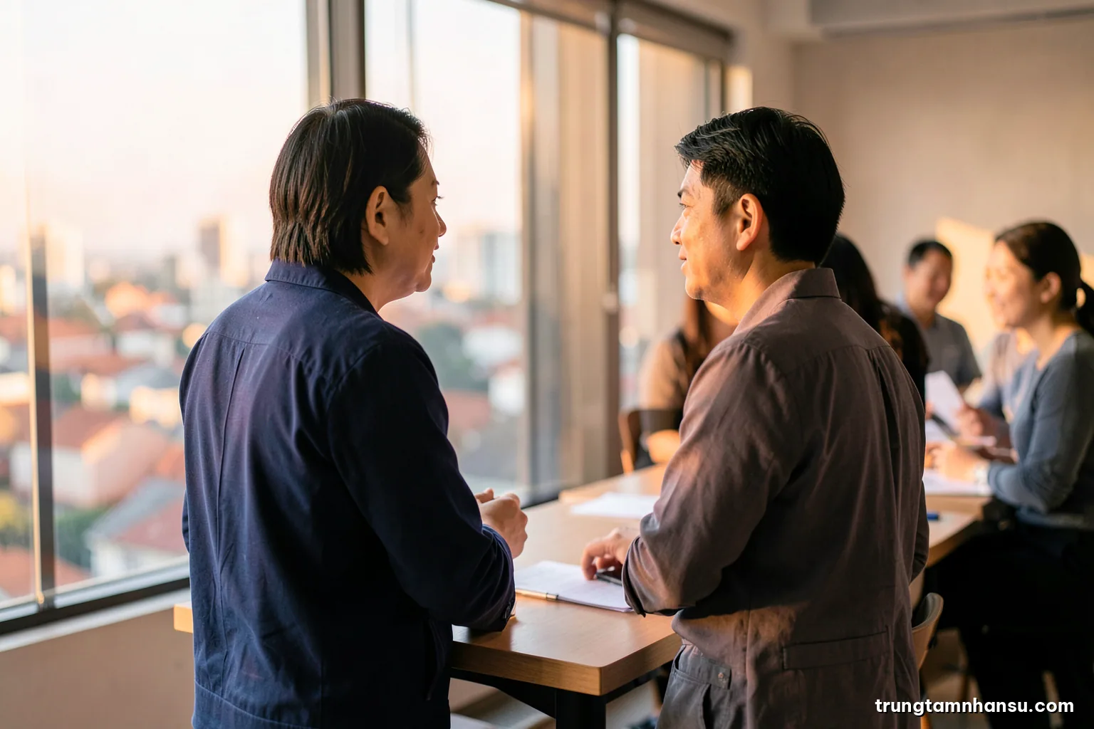 Two Vietnamese colleagues talking at a standing table beside a large window, one listening with arms relaxed, backs partly to camera, city rooftops blurred behind, golden hour, warm copper tones, medium shot